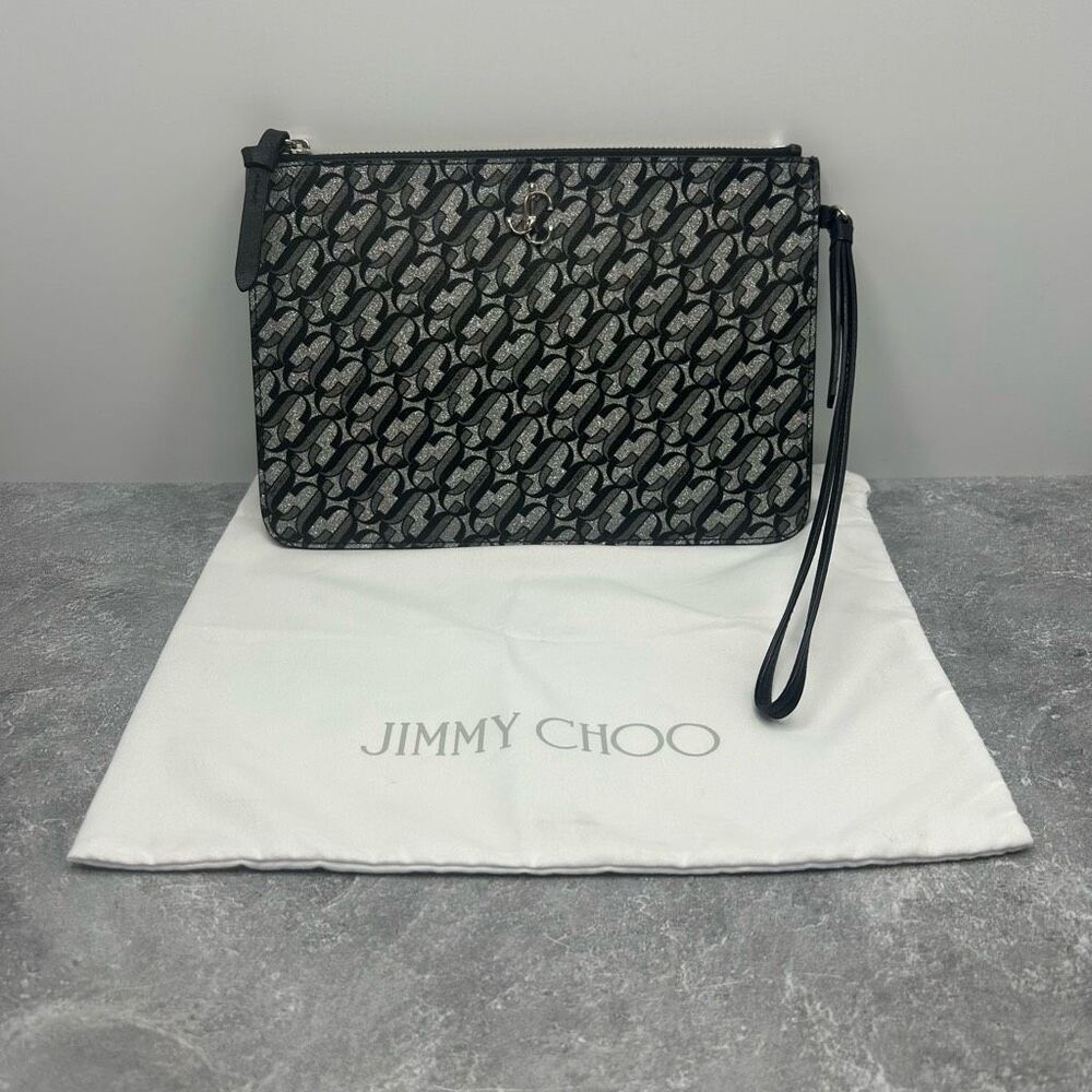 Jimmy Choo Silver Black Glitter Clutch Pouch Zara Leather Trim Handstrap
